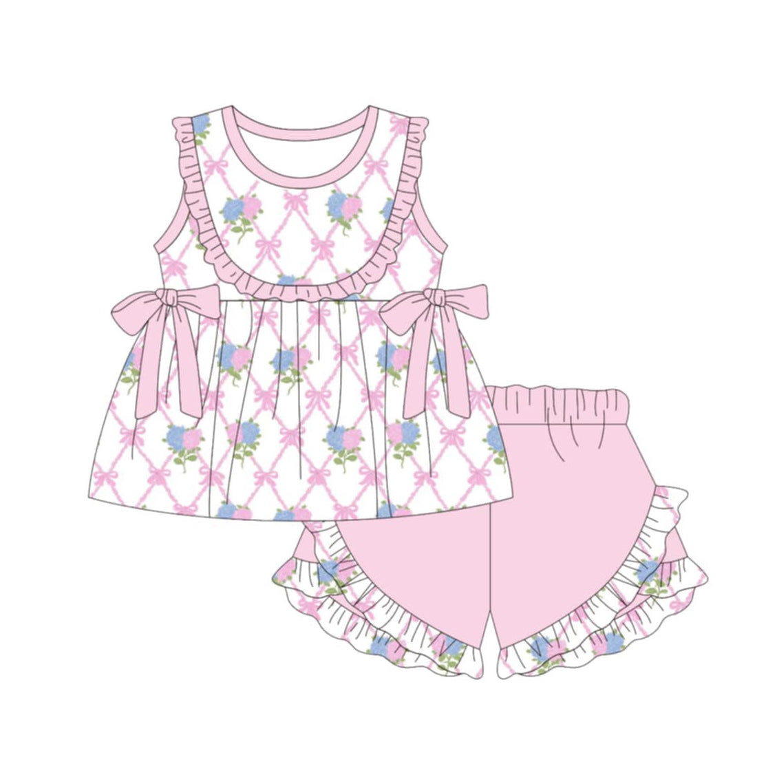 ( Moq 5 ) Preorder Baby Girls Flower Bows Tunic Pink Ruffle Shorts Set Clothes