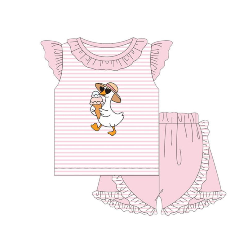 ( Moq 5 ) Preorder Baby Girls Short Sleeves Goose Stripe Shirt Ruffle Pink Shorts Set Clothes