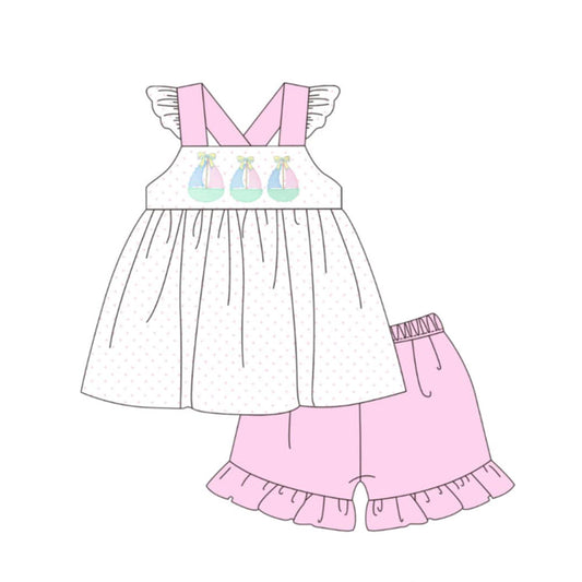( Moq 5 ) Preorder Baby Girls Kids Boats Dots Tunic Ruffle Pink Shorts Set Clothes