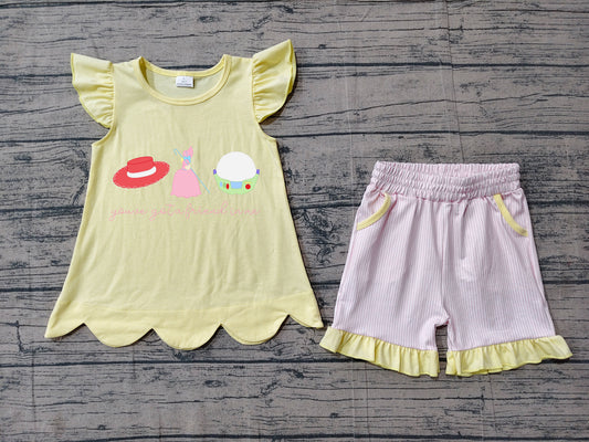 ( No moq ) Preorder Baby Girls Embroidery Hats Yellow Shirt Stripes Pockets Shorts Set Clothes