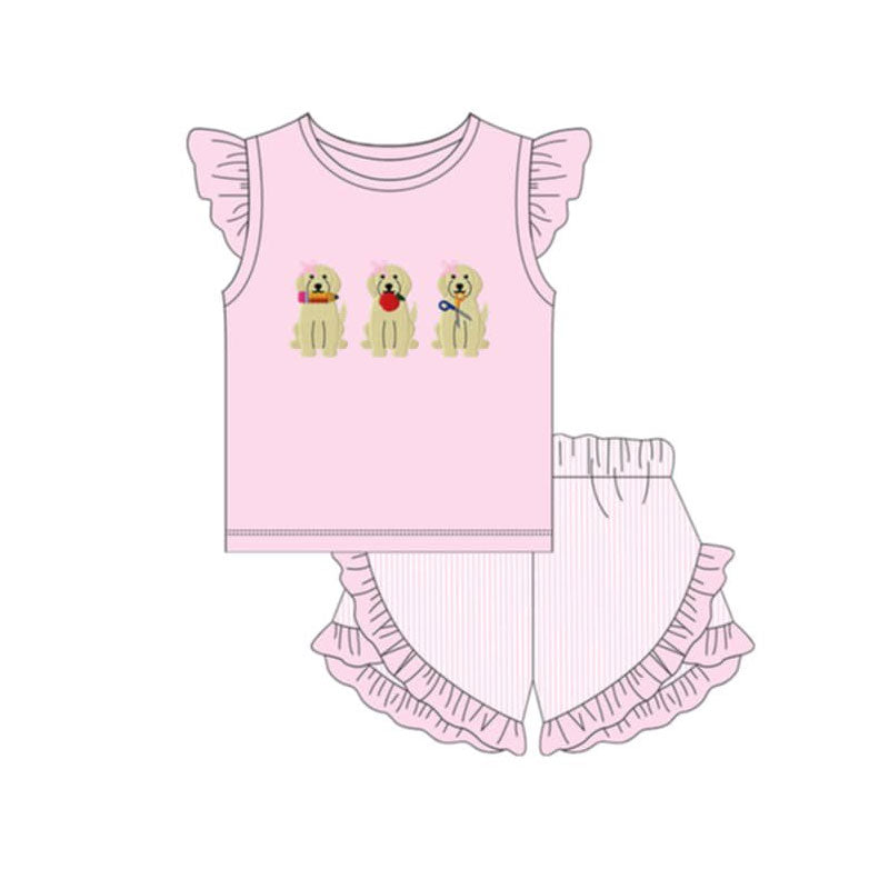 ( Moq 5 ) Preorder Baby Girls Kids Dogs Shirt Pink Stripes Ruffle Shorts Set Back to School Clothes