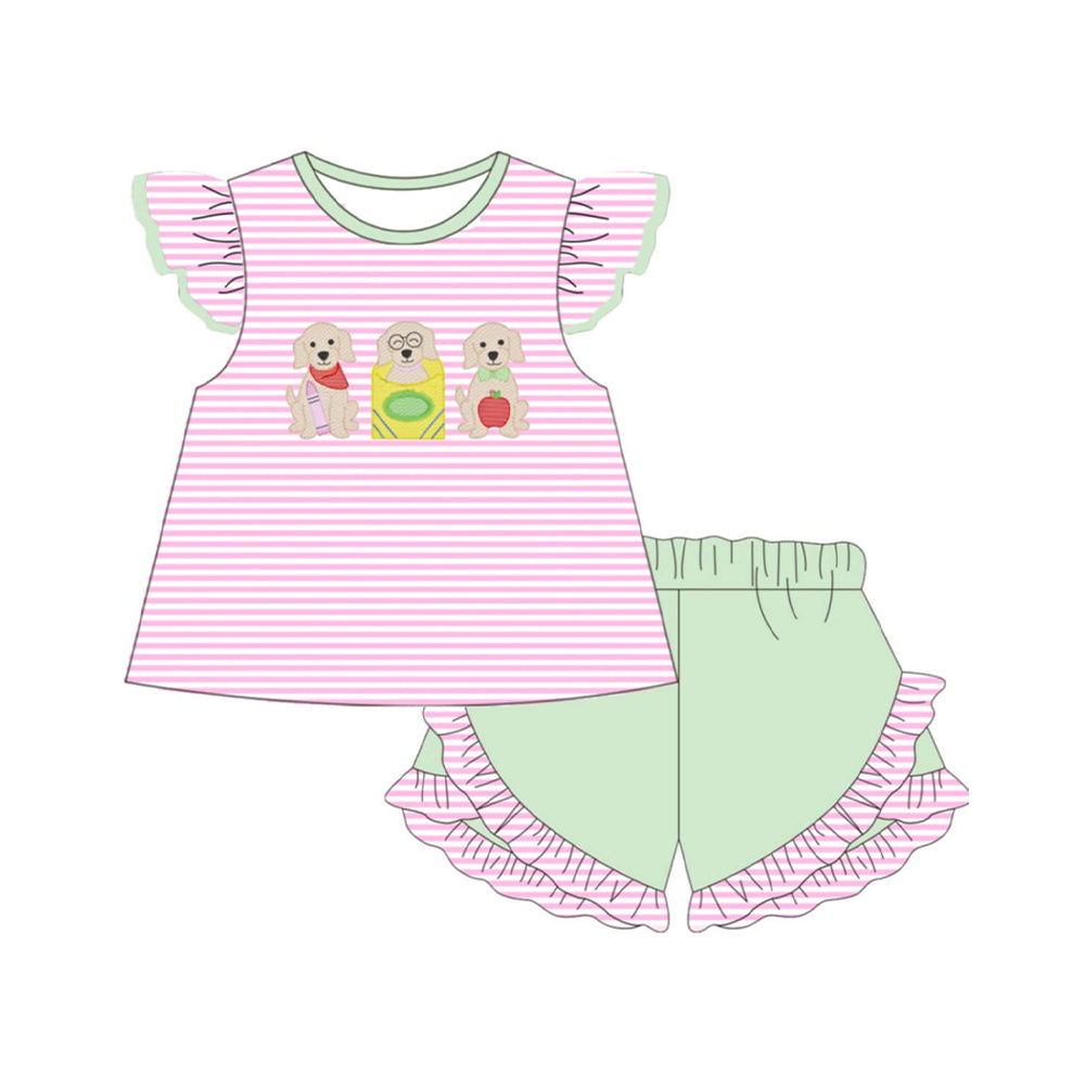 ( Moq 5 ) Preorder Baby Girls Kids Dogs Pink Stripes Tops Ruffle Shorts Set Back to School Clothes