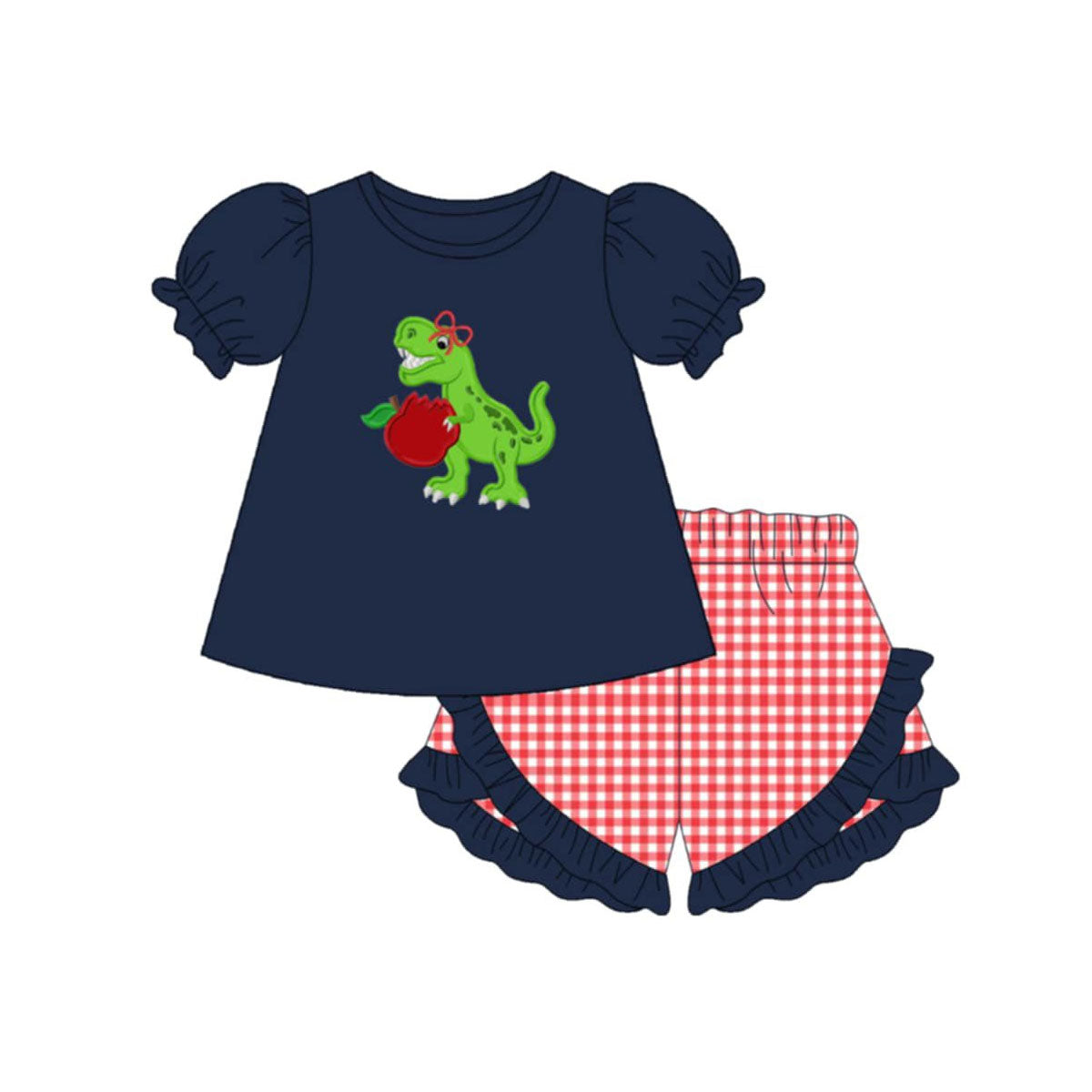 ( Moq 5 ) Preorder Baby Girls Kids Dinosaurs Tops Red Plaid Ruffle Shorts Back to School Set Clothes