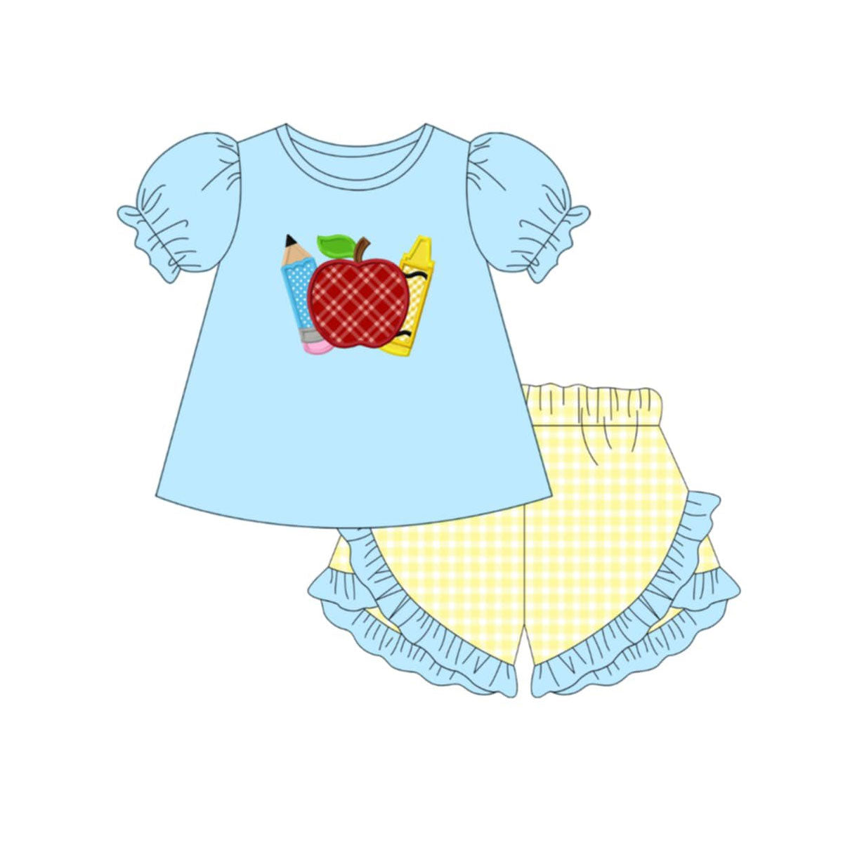 ( Moq 5 ) Preorder Baby Girls Kids Blue Short Sleeves Apple Pencil Tops Plaid Ruffle Shorts Back to School Set