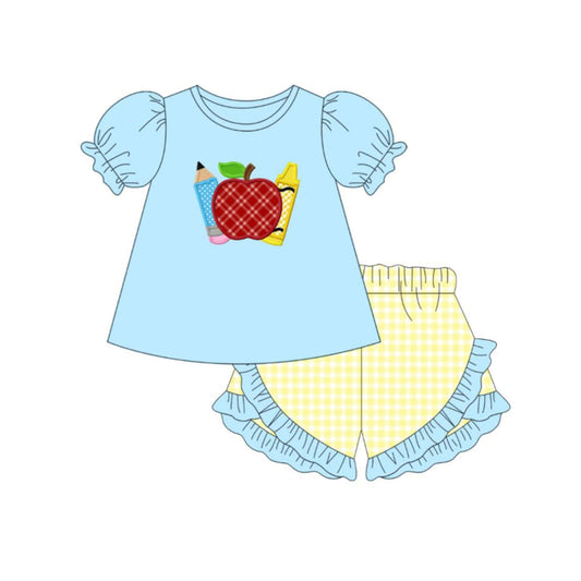 ( Moq 5 ) Preorder Baby Girls Kids Blue Short Sleeves Apple Pencil Tops Plaid Ruffle Shorts Back to School Set