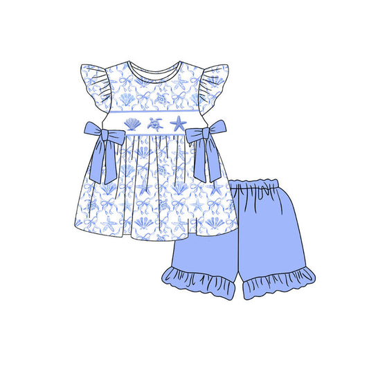 ( Moq 5 ) Preorder Baby Girls Kids Short Sleeves Shell Bows Tunic Ruffle Shorts Set Clothes