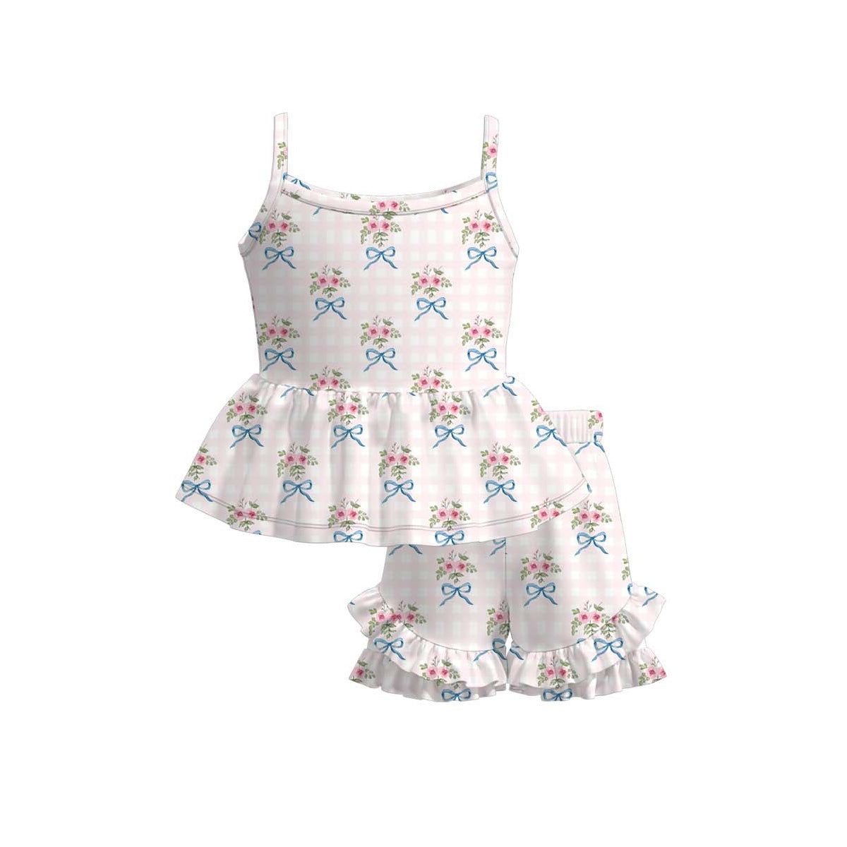 (Moq 5 ) Preorder Baby Girls Straps Flower Bows Plaid Tops Ruffle Shorts Set Clothes