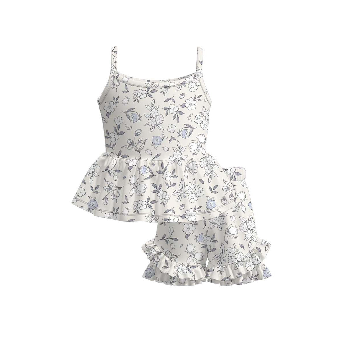 (Moq 5 ) Preorder Baby Girls Straps Flower Tops Ruffle Shorts Set Summer Clothes