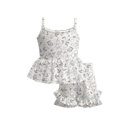 (Moq 5 ) Preorder Baby Girls Straps Flower Tops Ruffle Shorts Set Summer Clothes