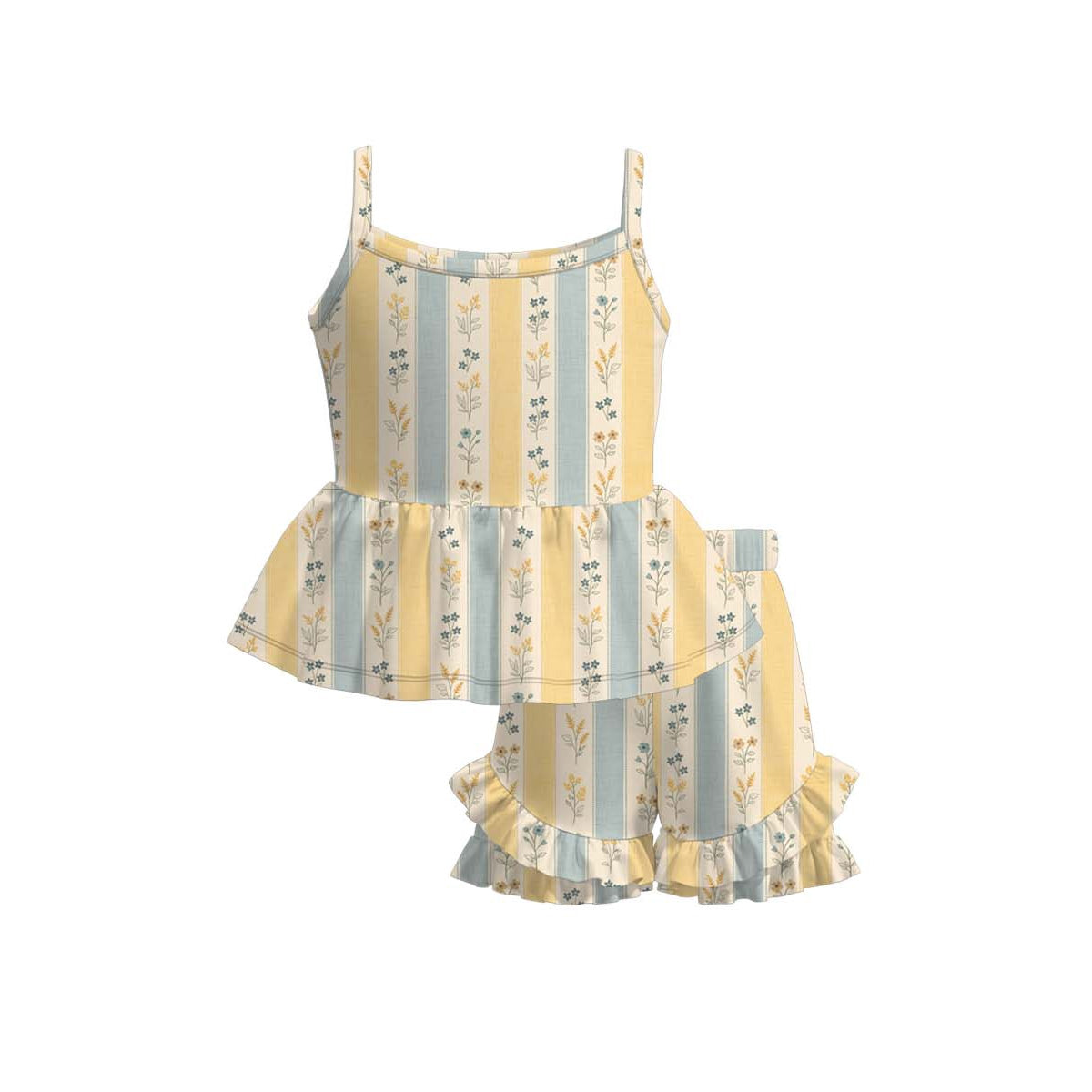 (Moq 5 ) Preorder Baby Girls Straps Flower Stripes Tunic Ruffle Shorts Set Clothes