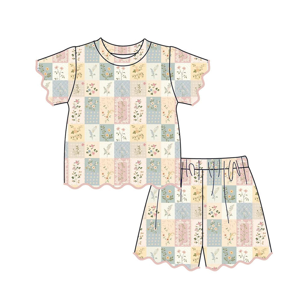 ( Moq 5 ) Preorder Baby Girls Toddler Flower Plaid Shirt Scallop Shorts Set Clothes