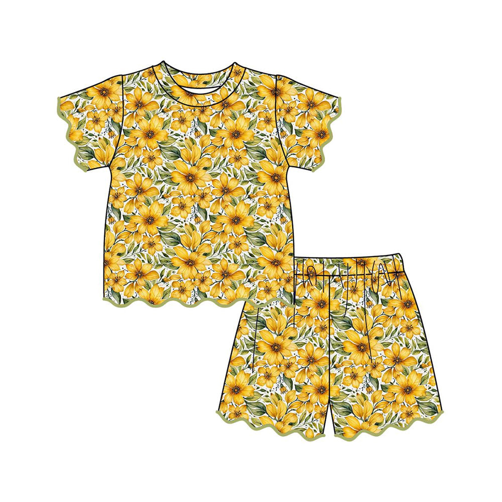 ( Moq 5 ) Preorder Baby Girls Toddler Flower Shirt Scallop Shorts Set Summer Clothes