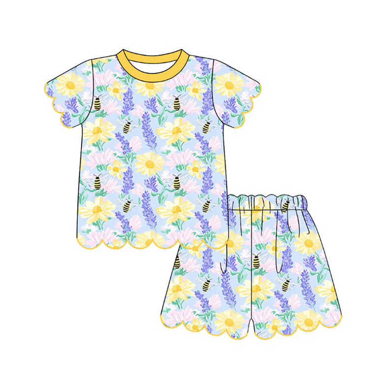( Moq 5 ) Preorder Baby Girls Toddler Short Sleeves Flower Shirt Scallop Shorts Set Clothes