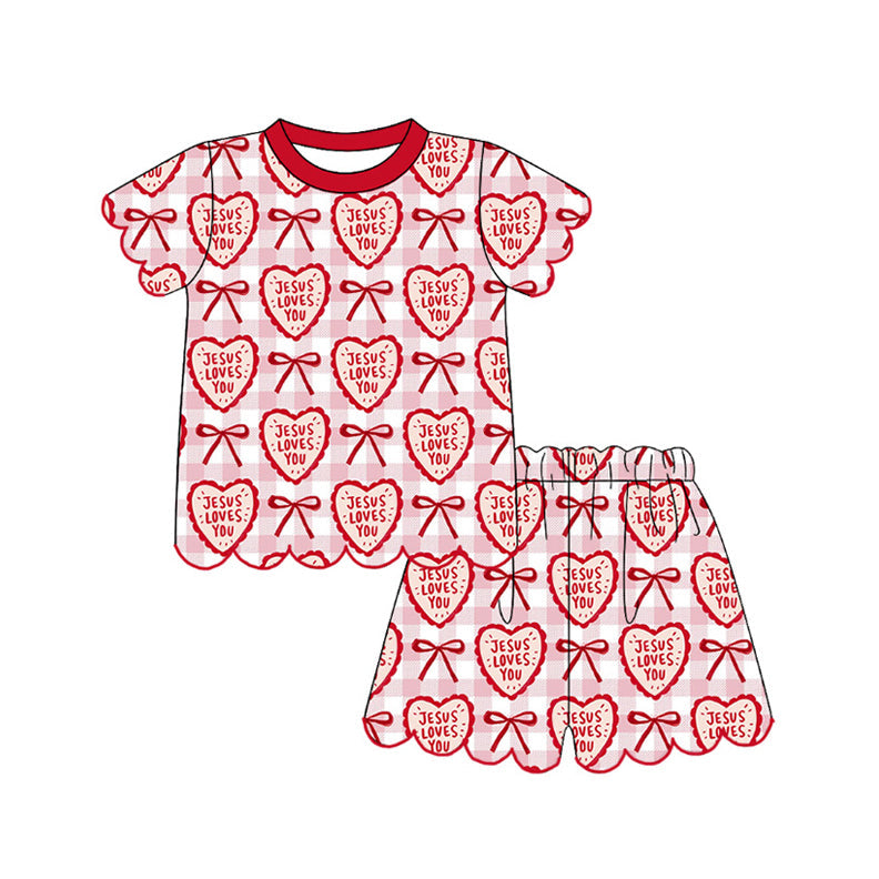 ( Moq 5 ) Preorder Baby Girls Toddler Short Sleeves Hearts Bows Shirt Scallop Shorts Set Clothes