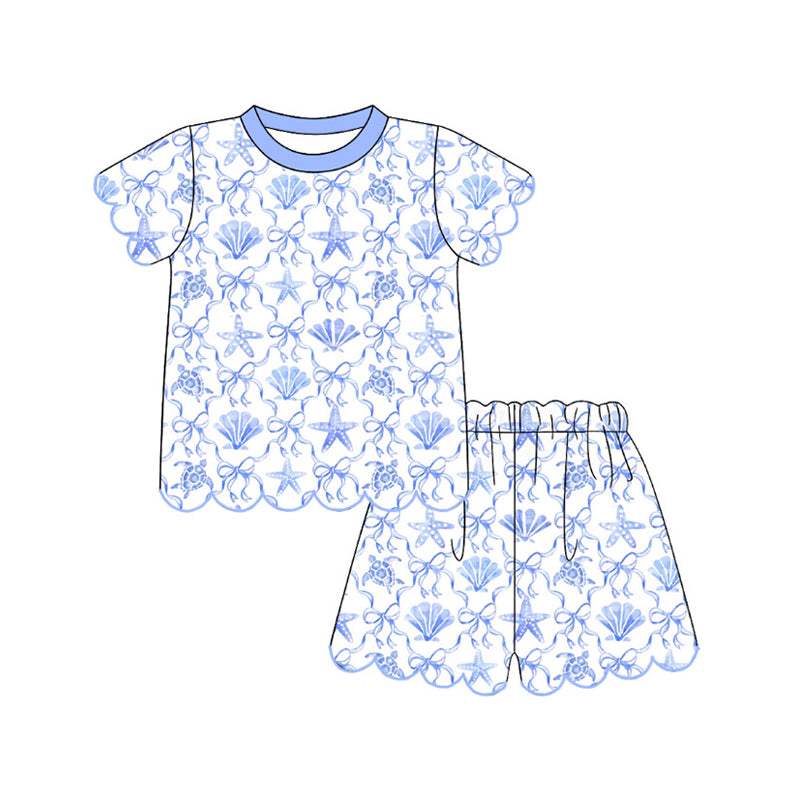 ( Moq 5 ) Preorder Baby Girls Short Sleeves Shell Bows Shirt Scallop Shorts Set Clothes