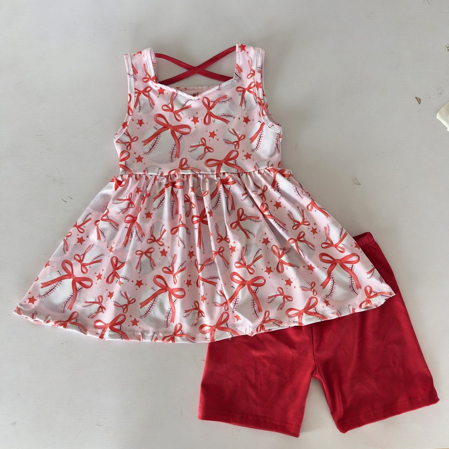 ( Moq 5 ) Preorder Baby Girls Kids Sleeveless Baseball Bows Tunic Red Shorts Set Clothes