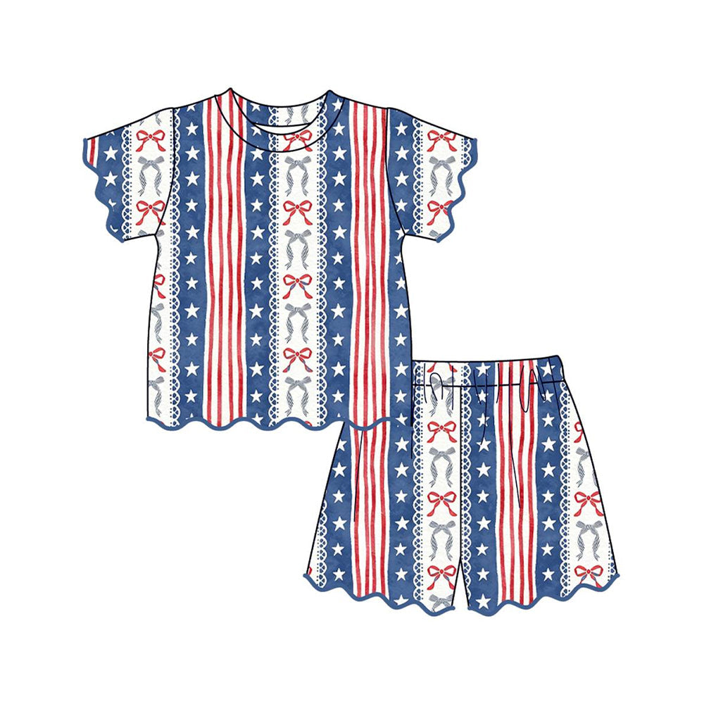 ( Moq 5 ) Preorder Baby Girls Bows Stars Stripes Shirt Scallop Shorts Set 4th of July Clothes