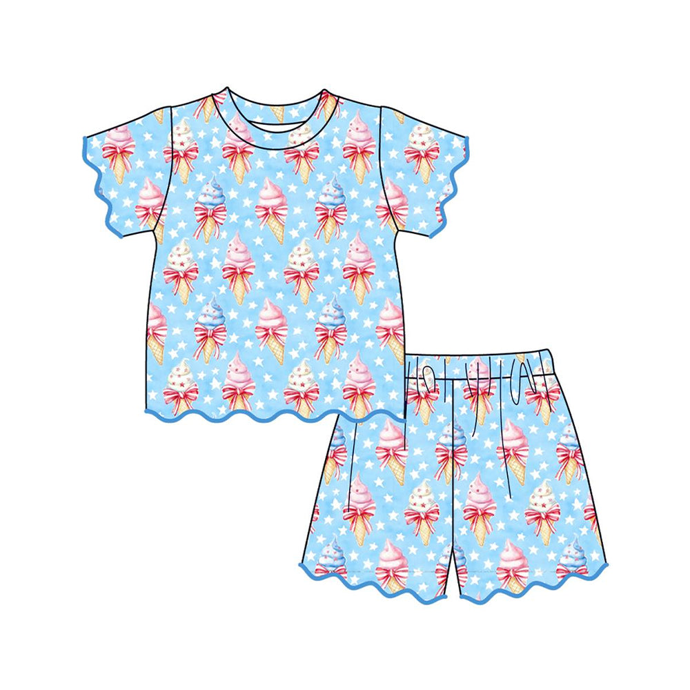 ( Moq 5 ) Preorder Baby Girls Toddler Popsicle Bows Shirt Scallop Shorts 4th of July Set Clothes