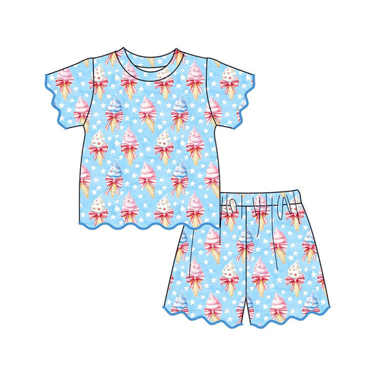 ( Moq 5 ) Preorder Baby Girls Toddler Popsicle Bows Shirt Scallop Shorts 4th of July Set Clothes