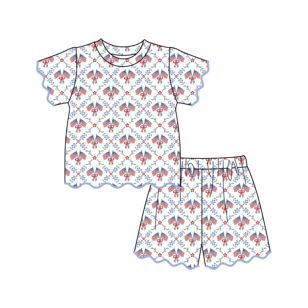 ( Moq 5 ) Preorder Baby Girls Bows Flags Flower Stripes Shirt Scallop Shorts Set 4th of July Clothes