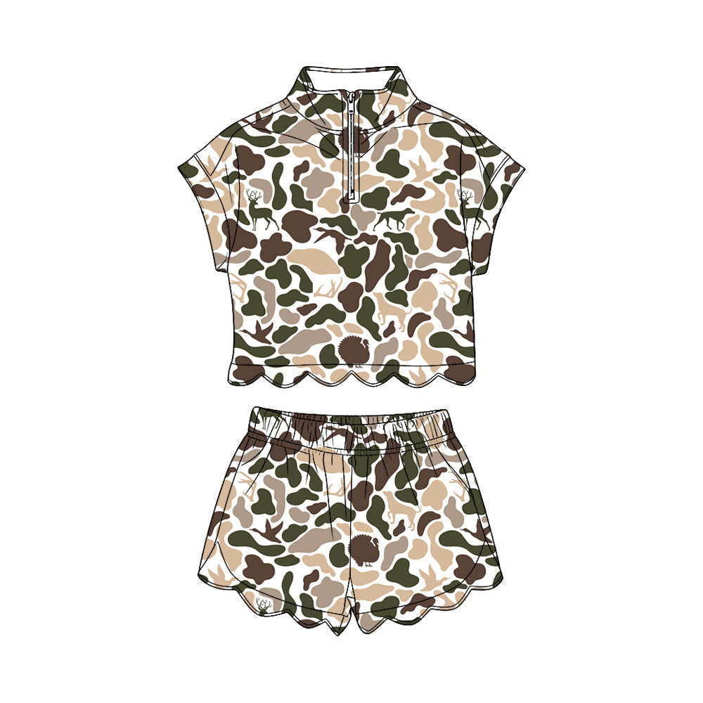 ( Moq 5 ) Preorder Baby Girls Kids Dogs Ducks Deer Camo Zipper Shirt Scallop Shorts Set Clothes
