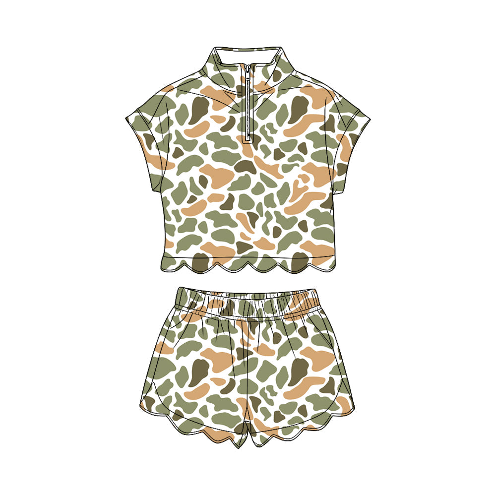 ( Moq 5 ) Preorder Baby Girls Kids Orange Green Camo Zipper Shirt Scallop Shorts Set Clothes
