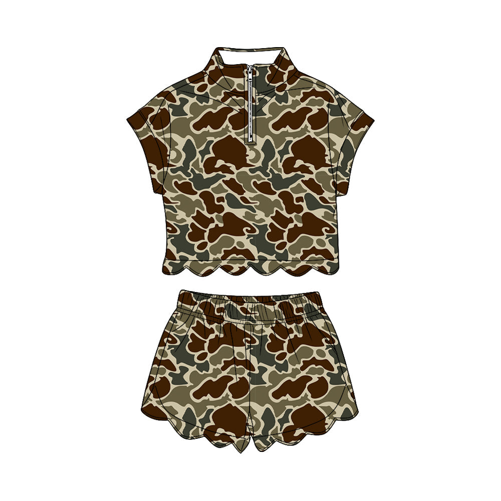 ( Moq 5 ) Preorder Baby Girls Kids Short Sleeves Camo Zipper Shirt Scallop Shorts Set Clothes