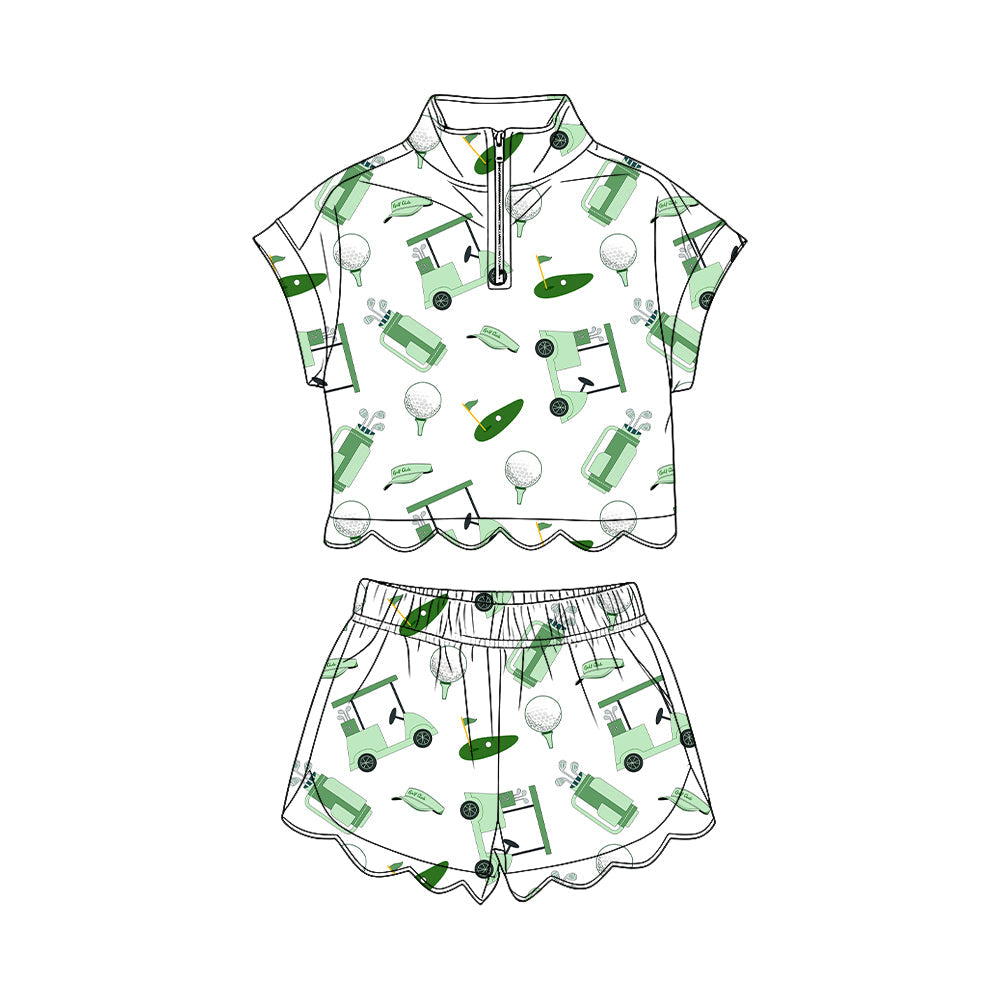 ( Moq 5 ) Preorder Baby Girls Short Sleeves Green Golf Zipper Shirt Scallop Shorts Set Clothes