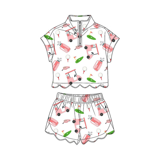 ( Moq 5 ) Preorder Baby Girls Short Sleeves Pink Golf Zipper Shirt Scallop Shorts Set Clothes