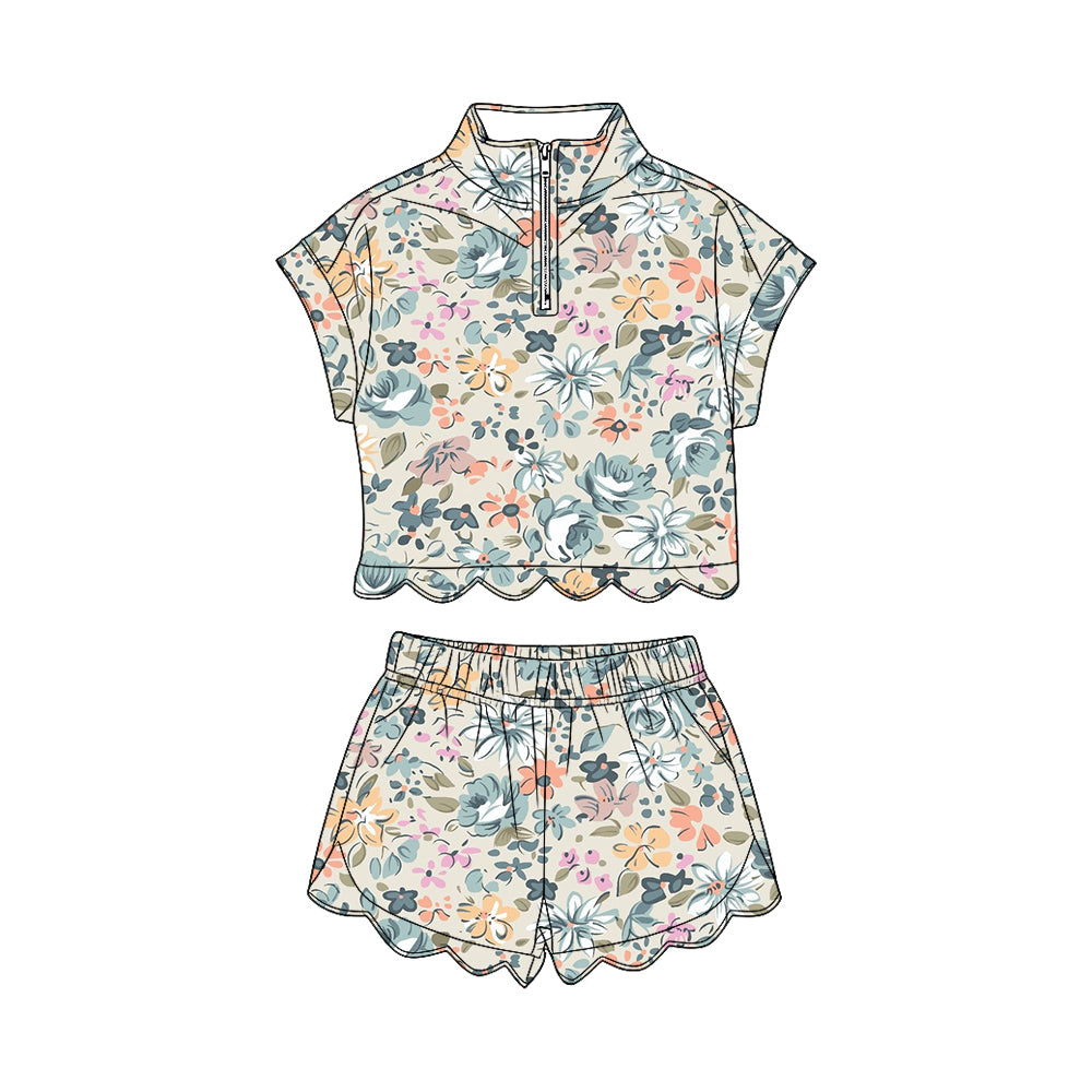 ( Moq 5 ) Preorder Baby Girls Kids Short Sleeves Zipper Shirt Flower Scallop Shorts Set Summer Clothes
