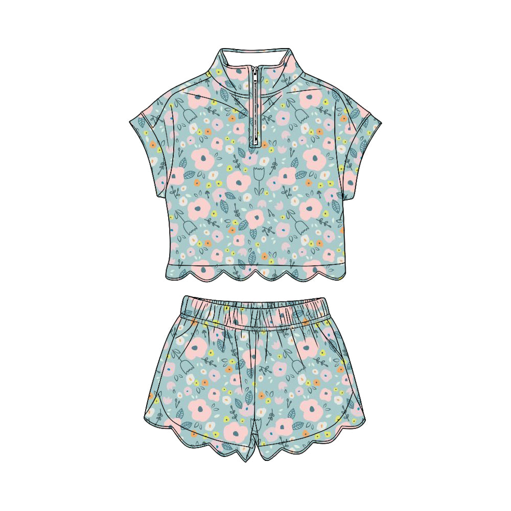 ( Moq 5 ) Preorder Baby Girls Kids Short Sleeves Zipper Shirt Flower Scallop Shorts Green Set Clothes