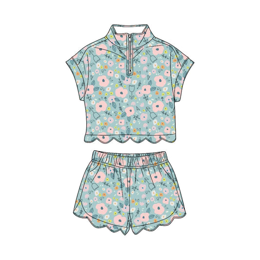 ( Moq 5 ) Preorder Baby Girls Kids Short Sleeves Zipper Shirt Flower Scallop Shorts Green Set Clothes