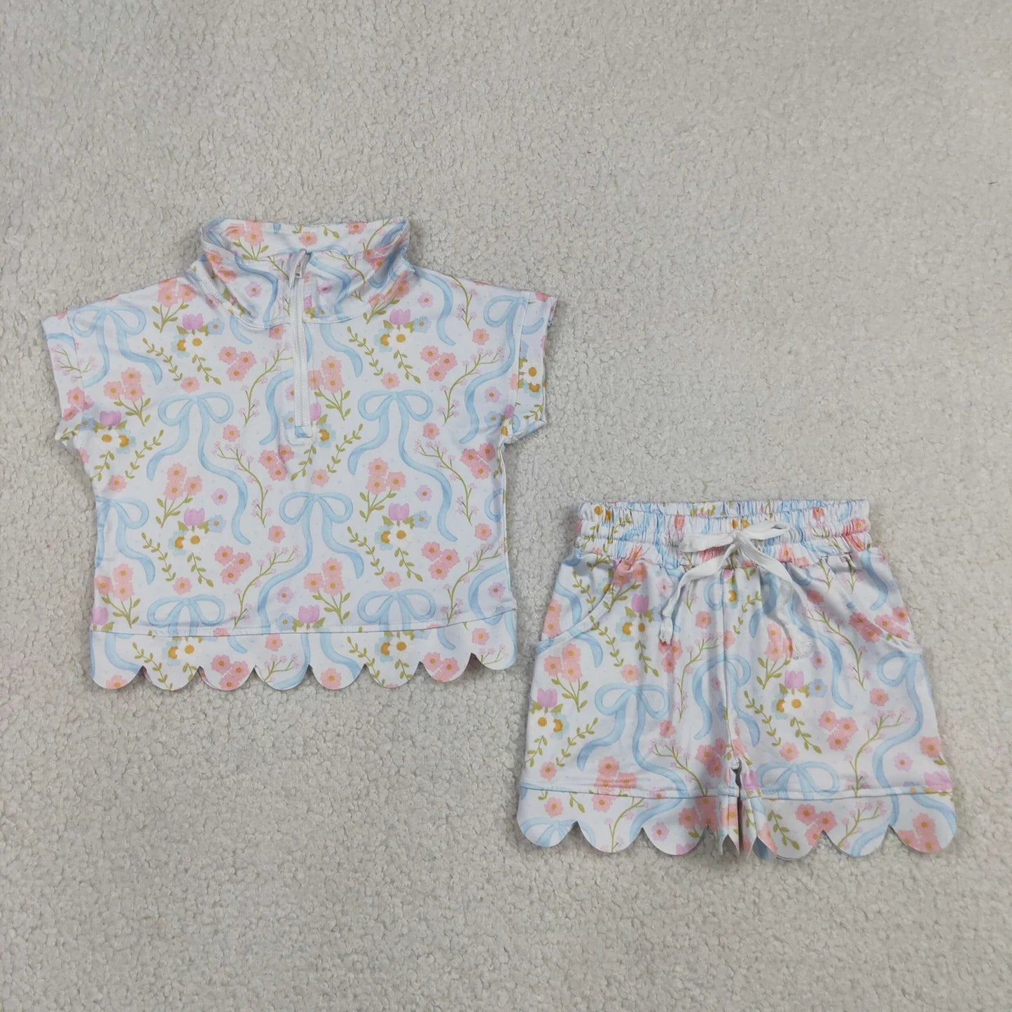 Sibling Baby Girls Kids Short Sleeves Zipper Shirts Scallop Shorts Sets Clothes RTS