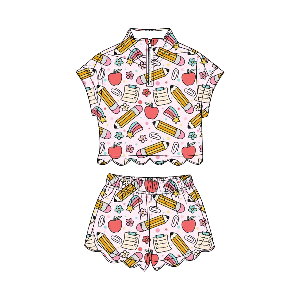 ( Moq 5 ) Preorder Baby Girls Pencil Apple Zipper Shirt Scallop Shorts Set Back to School Clothes
