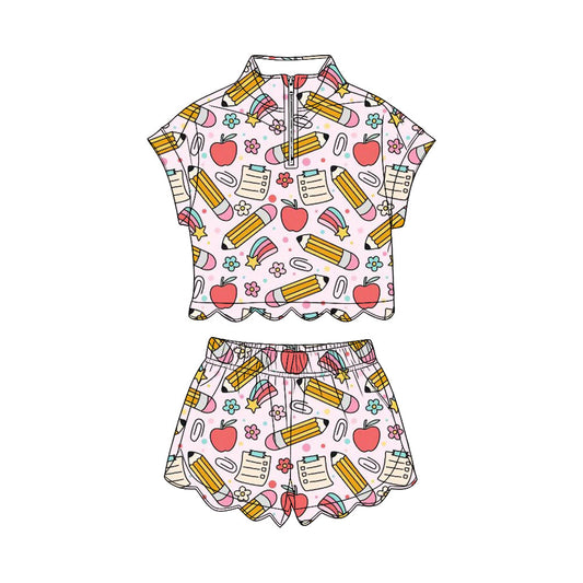 ( Moq 5 ) Preorder Baby Girls Pencil Apple Zipper Shirt Scallop Shorts Set Back to School Clothes