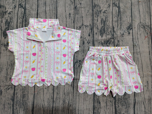 ( No moq ) Preorder Baby Girls Pencil Flower Bows Zipper Shirt Scallop Shorts Set Back to School Clothes