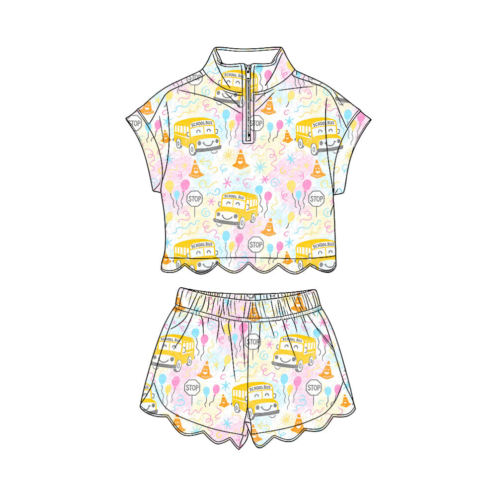 ( Moq 5 ) Preorder Baby Girls Short Sleeves Bus Zipper Shirt Scallop Shorts Set Back to School Clothes