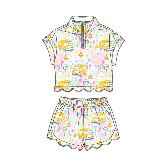 ( Moq 5 ) Preorder Baby Girls Short Sleeves Bus Zipper Shirt Scallop Shorts Set Back to School Clothes