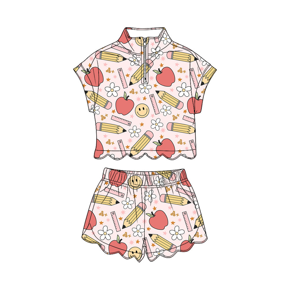 ( Moq 5 ) Preorder Baby Girls Pencil Apple Flower Zipper Shirt Scallop Shorts Set Back to School Clothes