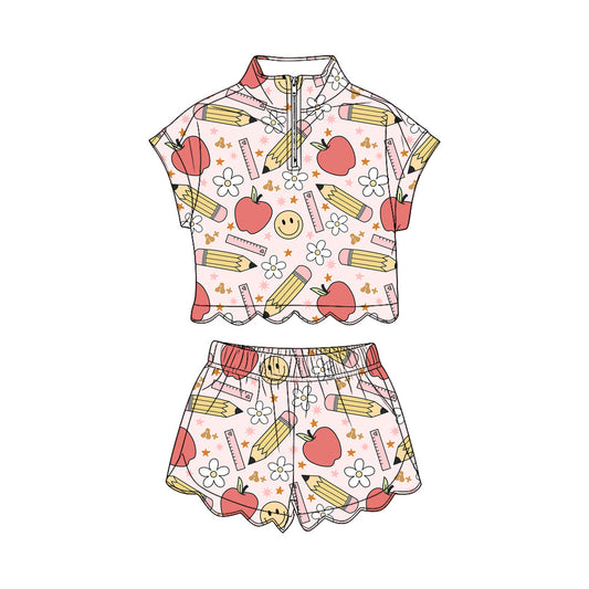 ( Moq 5 ) Preorder Baby Girls Pencil Apple Flower Zipper Shirt Scallop Shorts Set Back to School Clothes