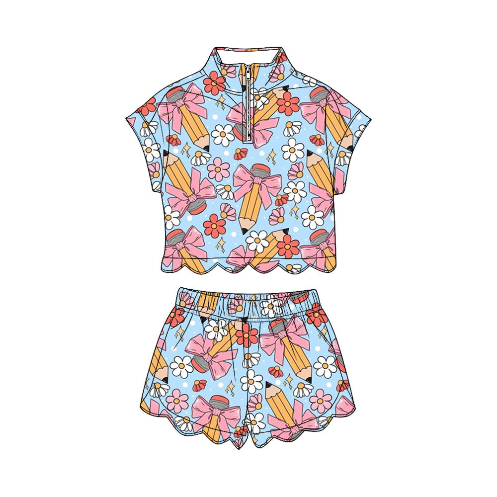 ( Moq 5 ) Preorder Baby Girls Pencil Bows Flower Zipper Shirt Scallop Shorts Set Back to School Clothes