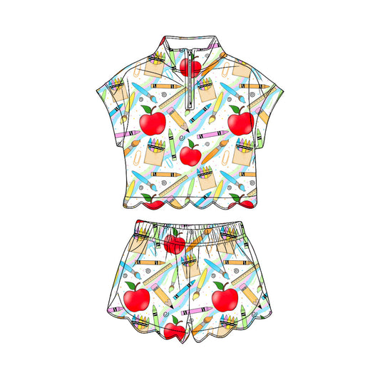 ( Moq 5 ) Preorder Baby Girls Pencil Apple Zipper Shirt Scallop Shorts Set Back to School Clothes