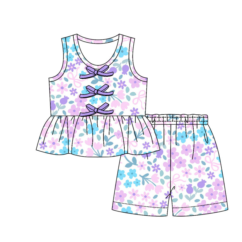 ( Moq 5 ) Preorder Baby Girls Kids Sleeveless Purple Bows Flower Tunic Shorts Set Summer Clothes