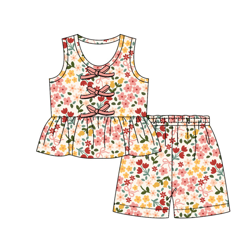 ( Moq 5 ) Preorder Baby Girls Kids Sleeveless Bows Floral Tunic Shorts Set Summer Clothes