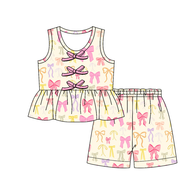 ( Moq 5 ) Preorder Baby Girls Kids Sleeveless Bows Tunic Shorts Yellow Set Summer Clothes