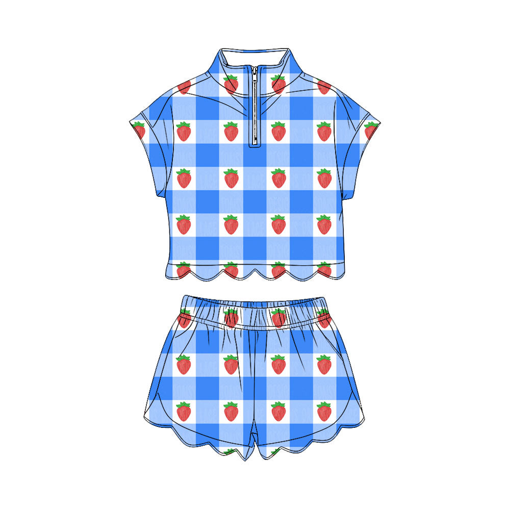 ( Moq 5 ) Preorder Baby Girls Kids Strawberry Plaid Zipper Shirt Scallop Shorts Set 4th of July Clothes
