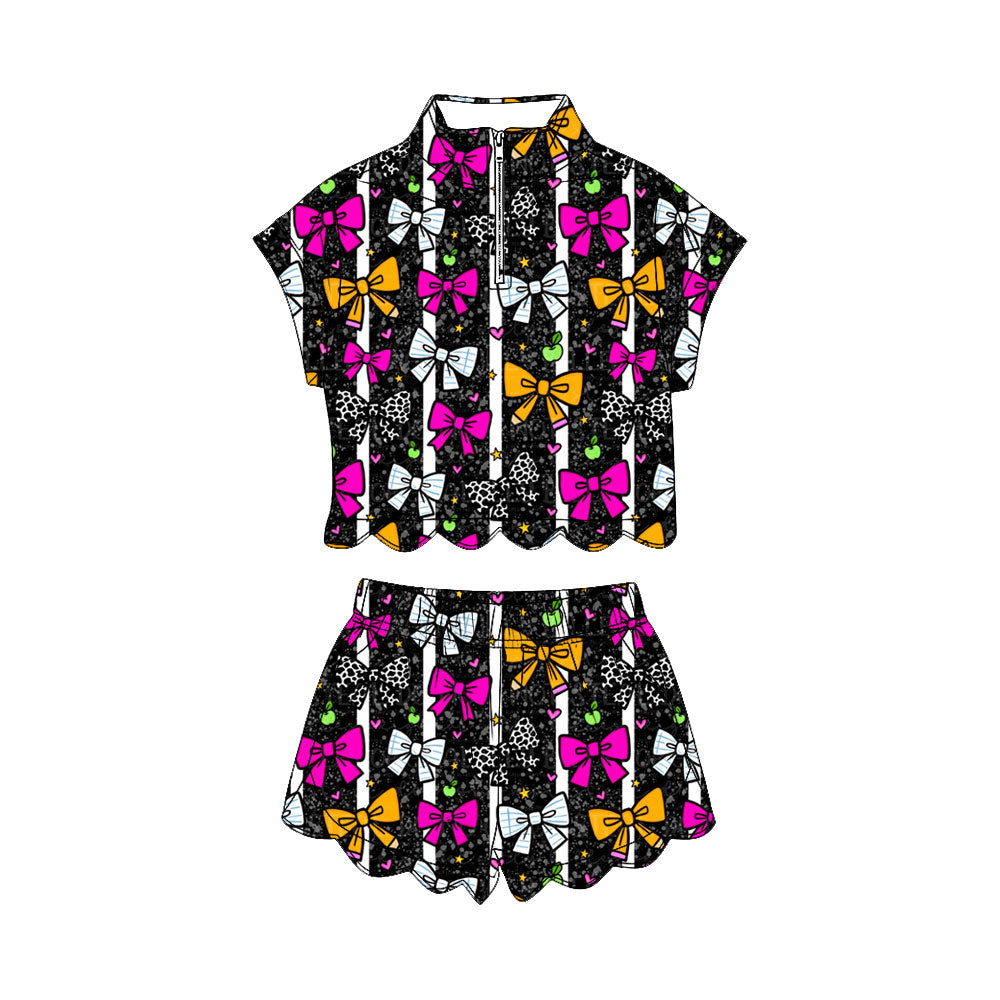 ( Moq 5 ) Preorder Baby Girls Kids Bows Stripes Zipper Shirt Scallop Shorts Set Summer Clothes