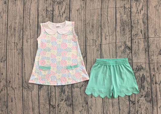 ( No moq ) Preorder Baby Girls Kids Sleeveless Flower Pockets Tops Green Scallop Shorts Set Clothes