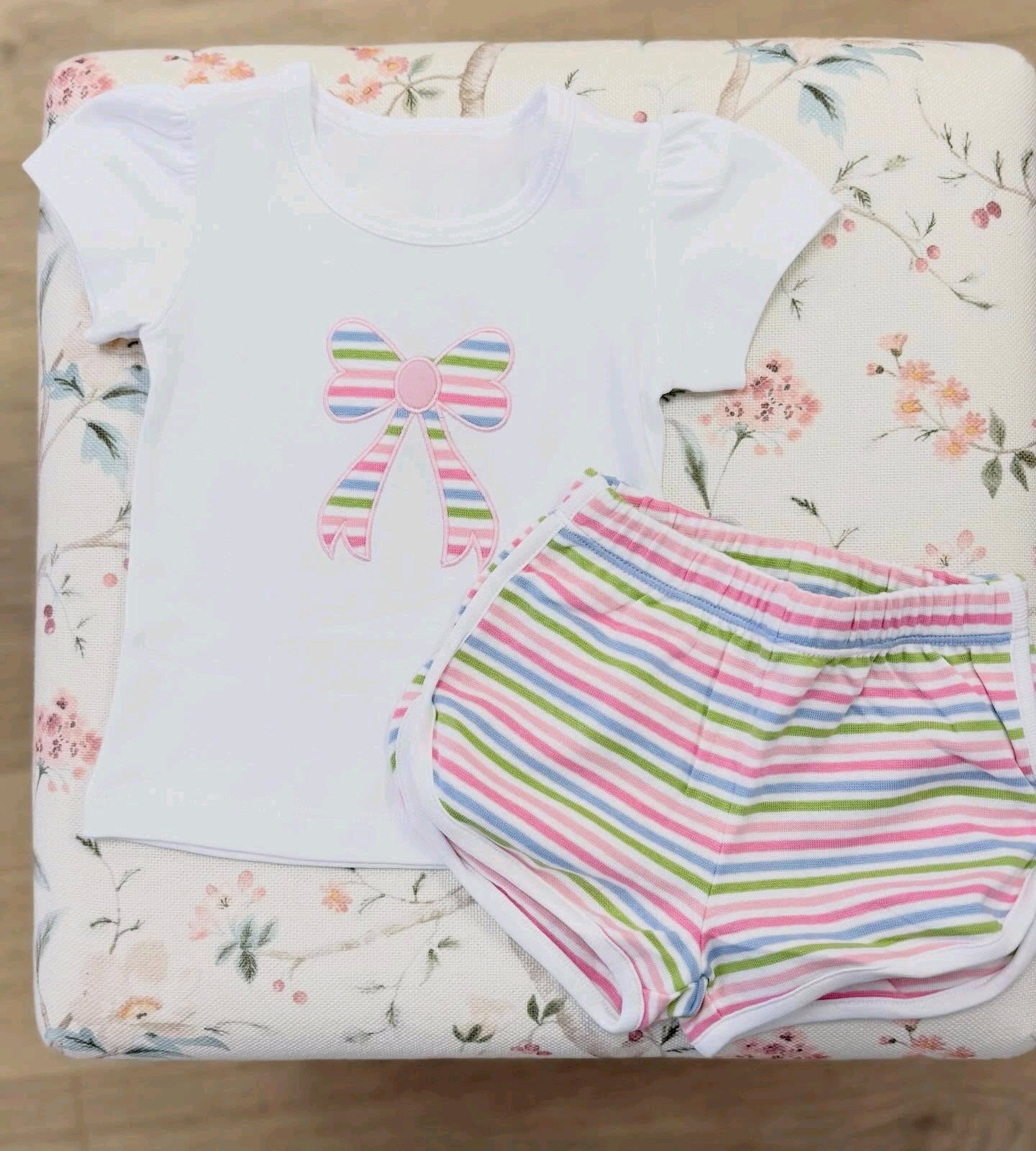 ( Moq 5 ) Preorder Baby Girls Kids Short Sleeves Bows Shirt Colorful Stripes Shorts Set Summer Clothes