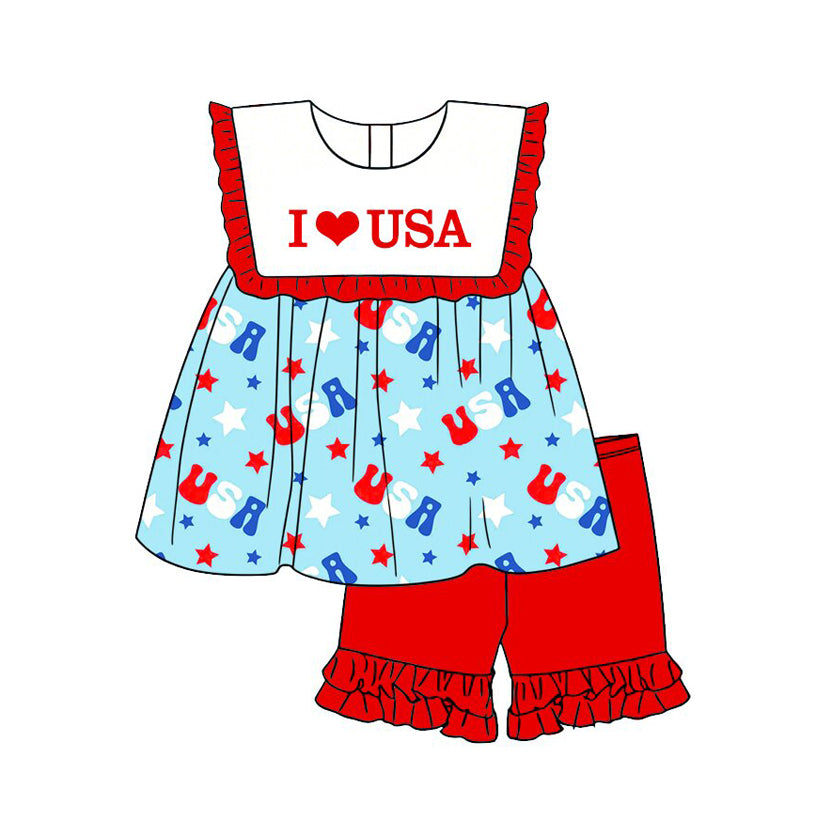 ( Moq 5 ) Preorder Baby Girls Kids I Love USA Tunic Red Shorts Set 4th of July Clothes